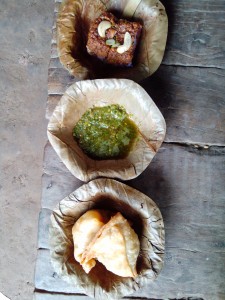 My favorite Indian snack food: samosas, green chutney and sweets with cashews