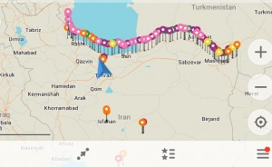 Our walking route in Iran. We walked about 1,500 kilometers from the Turkmenistan border to the Azerbaijan border. We had a couple extra to do non-walking side trips to Shiraz, Yazd, Esfahan and Tehran.